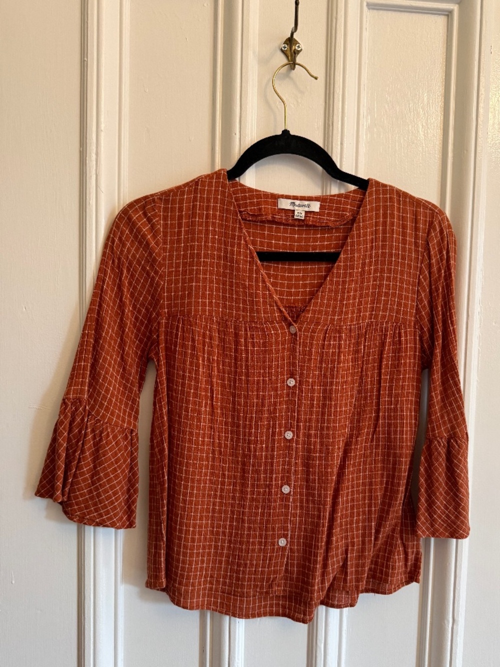 Madewell Women's Three Quarter Length Sleeve Blouse - Orange Checkered Size XXS